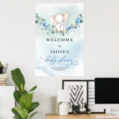 Poster Bébé éléphant fleurs bleues Baby shower garçon Bie (Bureau à domicile)