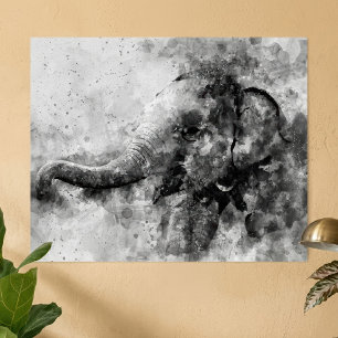 Poster Bébé éléphant mignon en noir et blanc, art à l'aqu