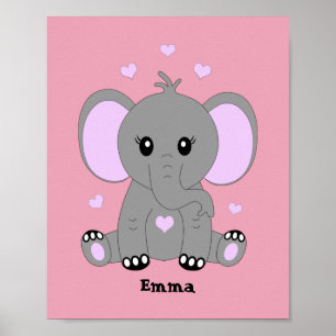 Poster Bébé éléphant mignon en rose pour les filles 