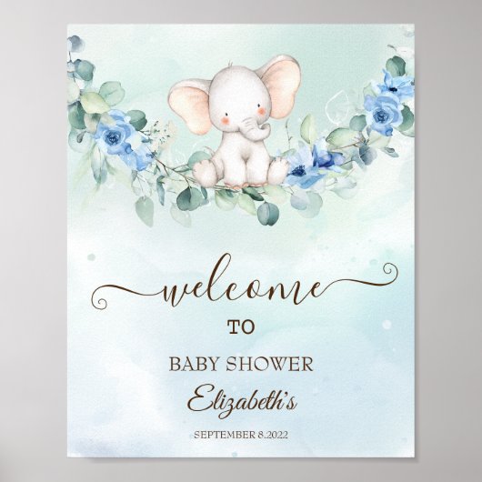 Poster Bébé éléphant mignon Roses bleues (Devant)