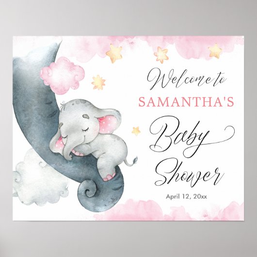 Poster Bébé éléphant rose fille baby shower signe de bien (Devant)