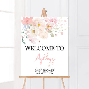Poster Bébé en Fleur Baby shower Floral rose Bienvenue