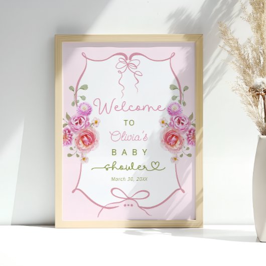 Poster Bébé en Fleur rose pâle Baby shower Bow Bienvenue