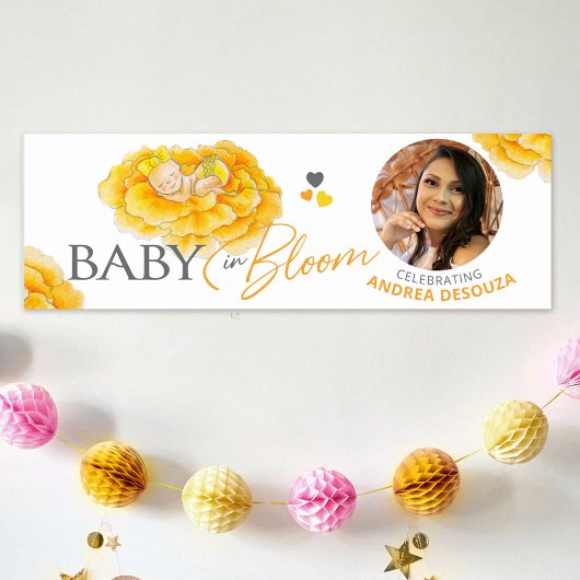 Poster Bébé en fleurs aquarelle jaune baby shower photo