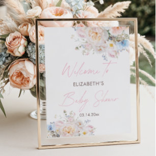 Poster Bébé en fleurs Baby shower rose floral Welcome Pos