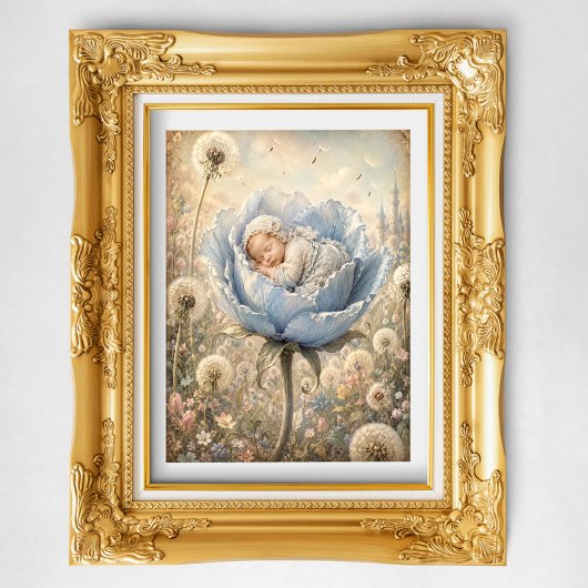 Poster Bébé endormi dans une fleur bleue