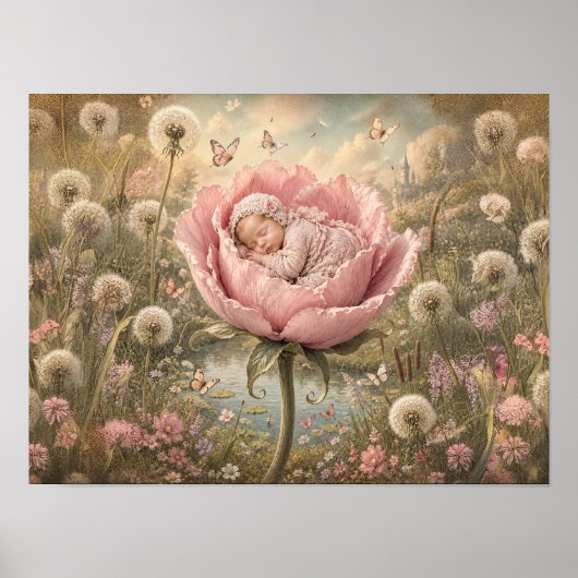 Poster Bébé endormi dans une fleur rose (Devant)