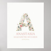 Poster Bébé Fille Floral Nom et Date de Naissance Personn (Devant)