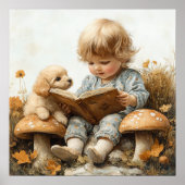 Poster Bébé fille lisant à des champignons de chiot bronz (Devant)