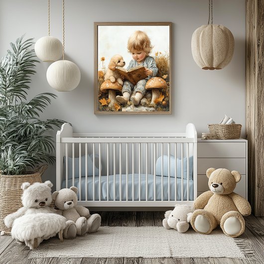 Poster Bébé fille lisant à des champignons de chiot bronz