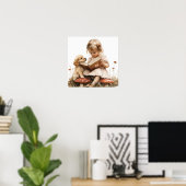 Poster Bébé fille lisant à un chiot brun champignon rouge (Bureau à domicile)