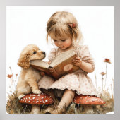 Poster Bébé fille lisant à un chiot brun champignon rouge (Devant)