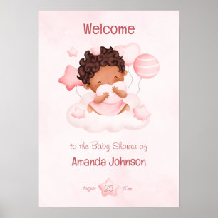 Poster Bébé fille rose sur un nuage serrant coeur en mous