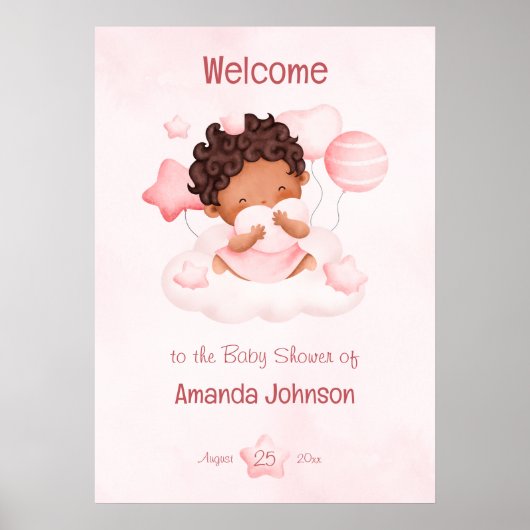 Poster Bébé fille rose sur un nuage serrant coeur en mous (Devant)