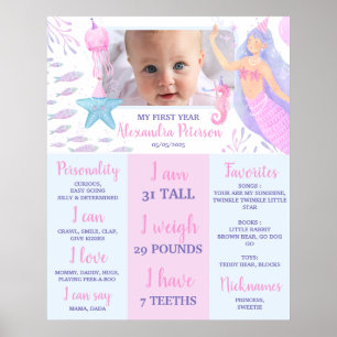 Poster Bébé fille vie marine sirène étape importante 1er