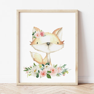 Poster Bébé Fox, Bois Animaux, Boho, Fleurs roses