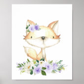Poster Bébé Fox, Bois Animaux, Boho, Fleurs violettes (Devant)