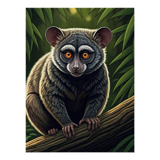 Poster Bébé Galago Perché sur une Branche de Jungle (Devant)