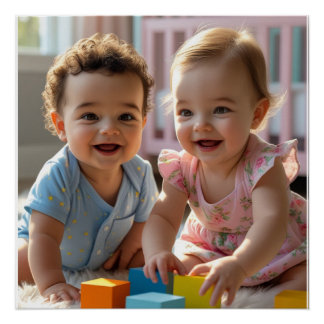 Poster Bébé garçon et fille mignons jouant dans une nurse