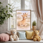 Poster Bébé girafe mignon mangeant dans une chambre de nu