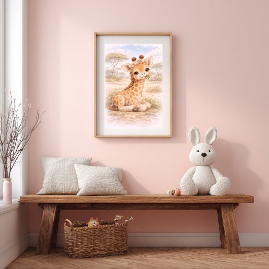 Poster Bébé girafe mignon mangeant dans une chambre de nu