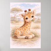 Poster Bébé girafe mignon mangeant dans une chambre de nu (Devant)
