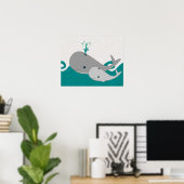 Poster Bébé gris mignonne baleine sur le dessin des vague (Bureau à domicile)