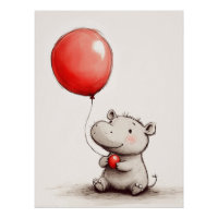 Bébé Hippopotame Doux avec Ballon Rouge
