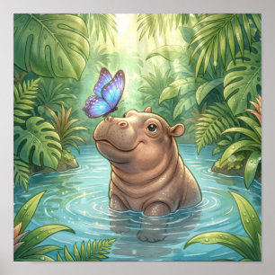 Poster Bébé Hippopotame Mignon avec Papillon Jungle Nurse