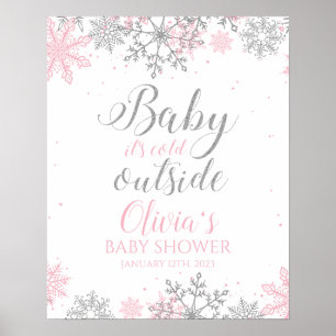 Poster Bébé Il fait froid dehors Baby shower rose argent