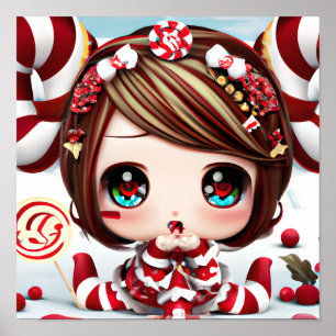 Poster Bébé kawaii de Noël avec des bonbons et des yeux b