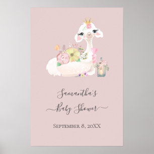 Poster Bébé lama avec des fleurs blanches et roses Adorab