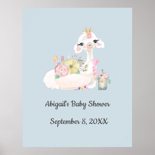 Poster Bébé Lama avec Fleurs Blanches et Bleues Bébé Garç (Devant)