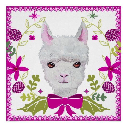 Poster Bébé lama blanc adorable avec du rose fuchsia vert (Devant)