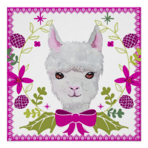 Poster Bébé Lama Blanc Adorable Avec Rose Fuchsia Vert