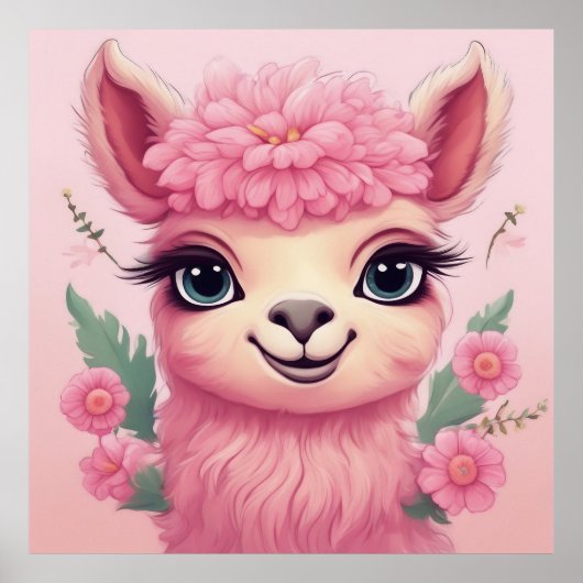 Poster Bébé Lama Souriant Rose (Devant)