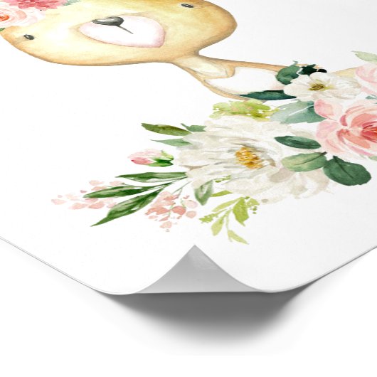 Poster Bébé lapin, Animaux en bois, Boho, Fleurs roses (Coin)