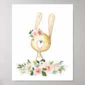 Poster Bébé lapin, Animaux en bois, Boho, Fleurs roses (Devant)