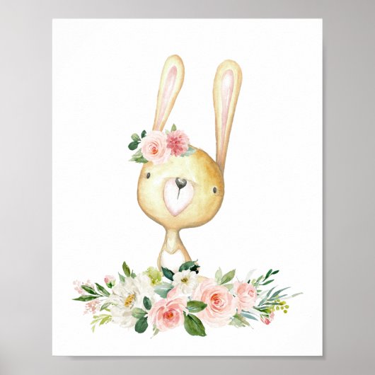 Poster Bébé lapin, Animaux en bois, Boho, Fleurs roses (Devant)