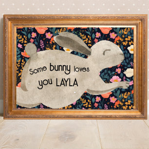 Poster Bébé Lapin Bois Cottagecore Aquarelle Floral