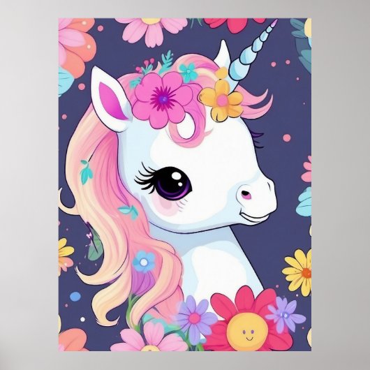 Poster Bébé licorne blanche adorable avec des fleurs (Devant)