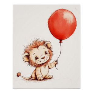 Poster Bébé Lion Jouant avec un Ballon Rouge