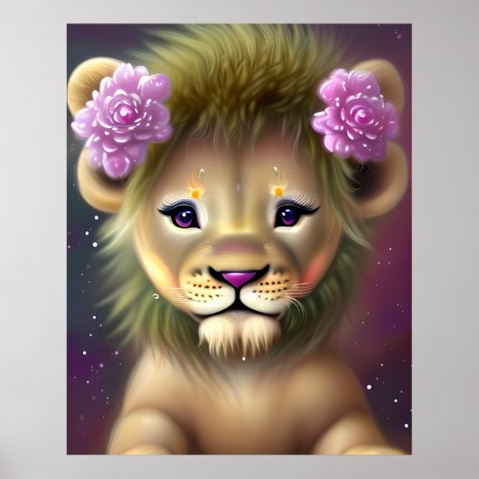 Poster Bébé lion mignon avec graphique de fleurs roses (Devant)