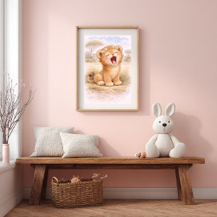 Poster Bébé lion mignon rugissant pour la chambre de nurs