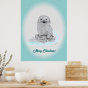 Poster Bébé loutre de mer blanche mignonne, Joyeux Noël