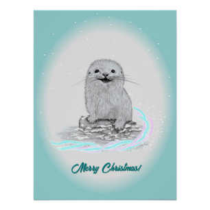 Poster Bébé loutre de mer blanche mignonne, Joyeux Noël