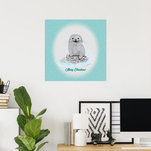 Poster Bébé loutre de mer blanche mignonne, Joyeux Noël