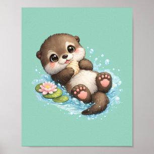 Poster Bébé loutre mignonne flottant dans l'eau vert ment