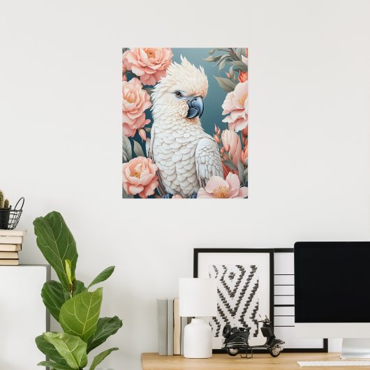 Poster Bébé mignon Cockatoo Parrot Fleurs roses douces (Bureau à domicile)