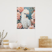 Poster Bébé mignon Cockatoo Parrot Fleurs roses douces (Cuisine)